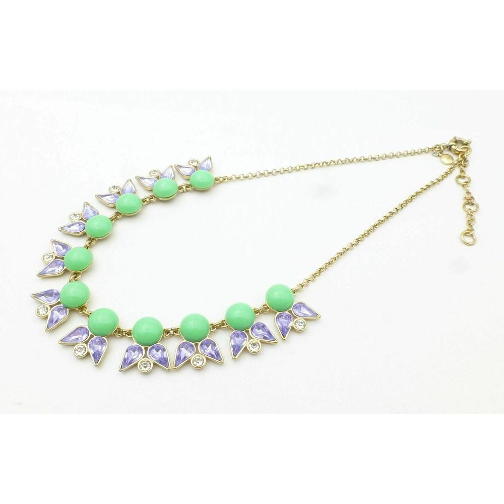 J. CREW  Blue Green Rhinestones Beaded Statement Bib Gold-Tone Necklace - Picture 2 of 6